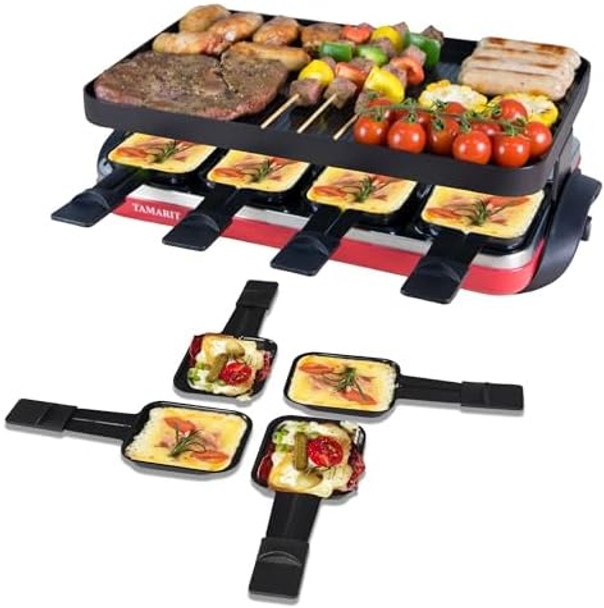 TAMARIT Classic 8 Person Raclette Grill 1500W Electric Tabletop Grill with Reversible Plate 8 Non-Stick Raclette Trays & Spatulas Indoor Portable Korean BBQ Barbecue Grill Party Grill Red