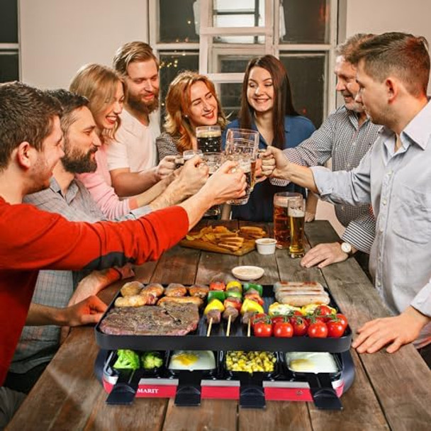 TAMARIT Classic 8 Person Raclette Grill 1500W Electric Tabletop Grill with Reversible Plate 8 Non-Stick Raclette Trays & Spatulas Indoor Portable Korean BBQ Barbecue Grill Party Grill Red