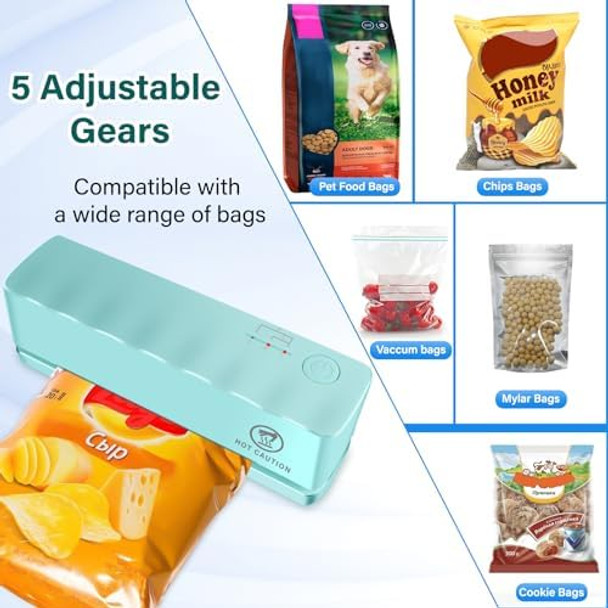 Bag Sealer - Mini Rechargeable Food Sealer Machine 5 Adjustable Gears Chip Bag Resealer with 3000mAh Battery and 4.7" Heating Strip Seal for Vacuum Sealer Bags Food Snack Bags Storage (Green)