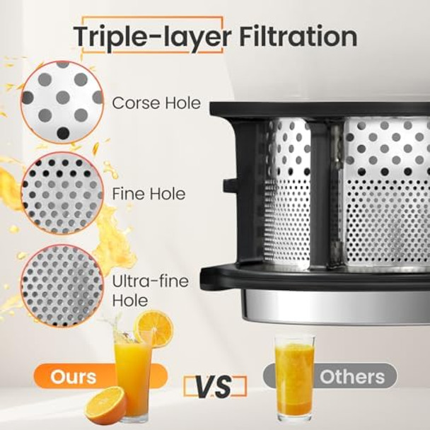 Ventray Slow Masticating Juicer Machine 5.12" Extra Large Feed Chute Cold Press Juicer for Whole Vegetables & Fruits 250w High Juice Yield Easy to Clean with Brush Fit for Batch Juicing