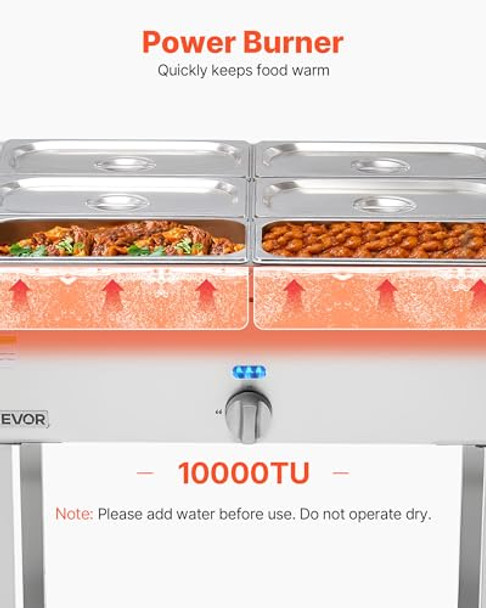 VEVOR 6-Pan Commercial Propane Steam Table LP Gas Outdoor Soup Warmer with Drain Valve and 3" Wheels Stainless Steel Propane Food Warmer with Adjustable Temperature for Restaurant Outdoor Camping