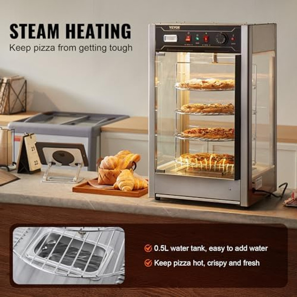 VEVOR Commercial Food Warmer Display for 14" Pizza 86℉185℉ Temperature Control and Temp Display 4-Tier Pizza Warmer with Rotary Steam Heating 25W Oven Light + Top LED for Pizza Shop Restaurant