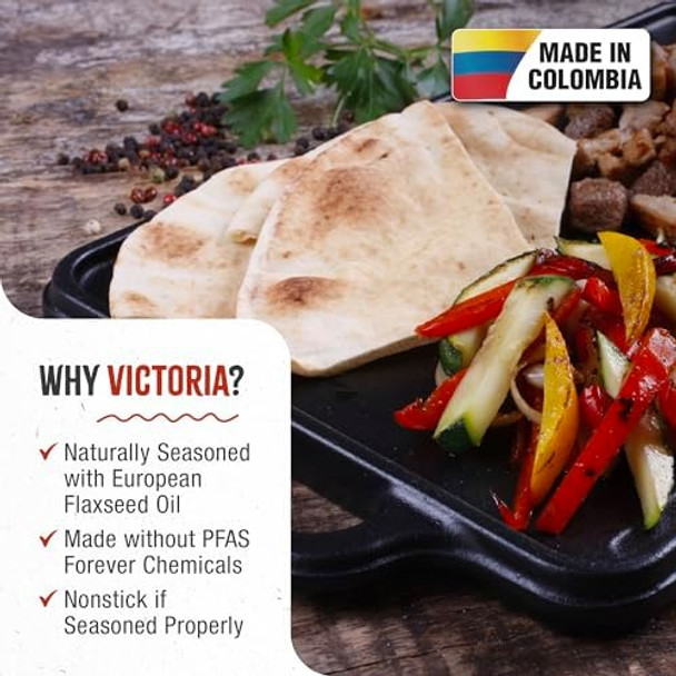 Victoria Rectangular Cast Iron Griddle. Double Burner Reversible Grill 13 x 8.5 Inch Seasoned with 100% Kosher Non-GMO Flaxseed Oil Model: GDL-189