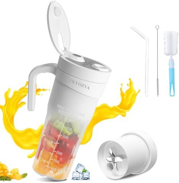 Portable Blender Cordless with 16 Oz Portable Blending Portable Blender for Shakes and Smoothies BPA USB-C Rechargeable Juicer Blender Personal Smoothie Blender for Travel (White)