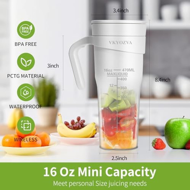 Portable Blender Cordless with 16 Oz Portable Blending Portable Blender for Shakes and Smoothies BPA USB-C Rechargeable Juicer Blender Personal Smoothie Blender for Travel (White)