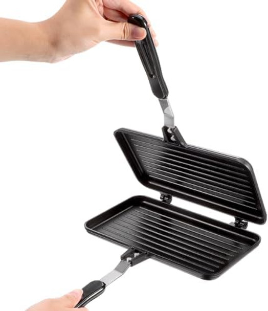 VOSAREA Sandwich Maker Grilled Sandwich Maker Pan Non-Stick Hot Sandwich Maker with Long Handle Double Sided Frying Pan Stovetop Toasted Sandwich Maker for Home Kitchen Breakfast Camping
