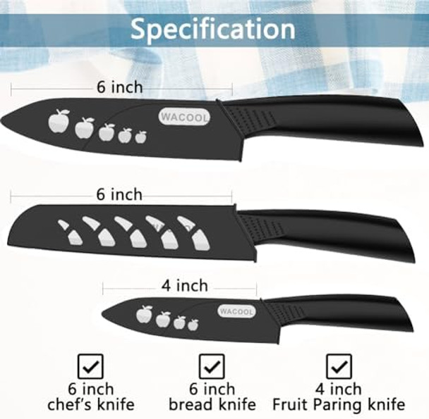 WACOOL Ceramic Knife Set 3-Piece (Includes 6-inch Chef's Knife 5-inch Utility Knife and 4-inch Fruit Paring Knife) with 3 Knife Sheaths for Each Blade (Black Blade)