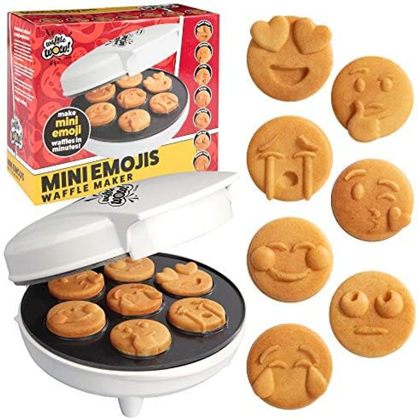 Mini Emojis Waffle Maker for Special Breakfast- Make 7 Unique Smiley Face Waffles Pancakes- Electric Non Stick Iron Feat Kiss Face Heart Eyes & Smile with Recipes for Her Kids- Licensed by Emoji