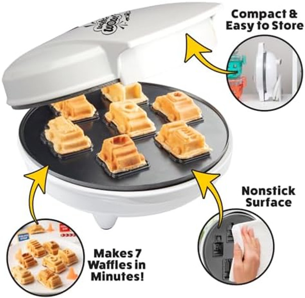 Cars & Trucks Mini Waffle Maker - Make 7 Different Vehicles- Police Car Firetruck Construction Truck & Automobile Shaped Pancakes- Electric Nonstick Iron with Recipe Guide Fun Kid or Adult