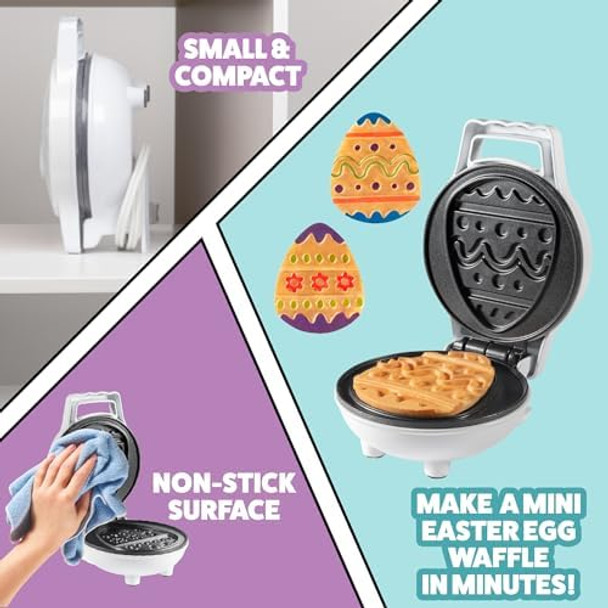 Mini Easter Egg Waffle Maker- Make Holiday Morning Breakfast Special - Includes 4 Edible Food Markers for Optional Extra Decorating Fun - Easter Bunny Basket Stuffer Egg Hunt Surprise for Kids