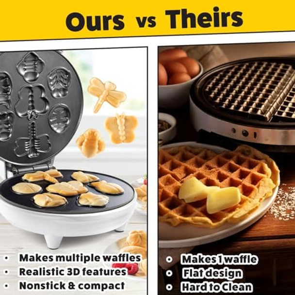 The Original Creepy Crawly Bug Waffle Maker- 7 Summer Fun Different Insect Shaped Pancakes- Includes a Beetle Lady Bug Bee & More- Electric Nonstick Waffler Iron Morning Breakfast Treat or Kids