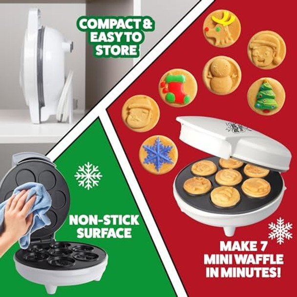 Christmas Holiday Waffle Maker w 6 Edible Food Markers- Make X-Mas Breakfast Fun w Delicious Decorated Pancakes or Waffles- Electric Nonstick Waffler Iron Fun for Kids & Adults Family Activity
