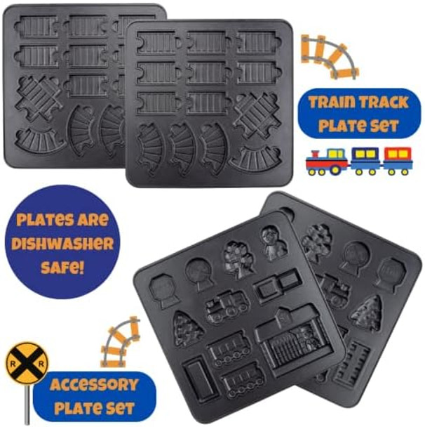 Train Set Waffle Maker- Build Waffle or Pancake Shaped Tracks Cargo Cars Signs Station- Fun Family Breakfast Electric Nonstick Waffler Iron w 4 Removable Dishwasher Safe Plates Recipes- Kids