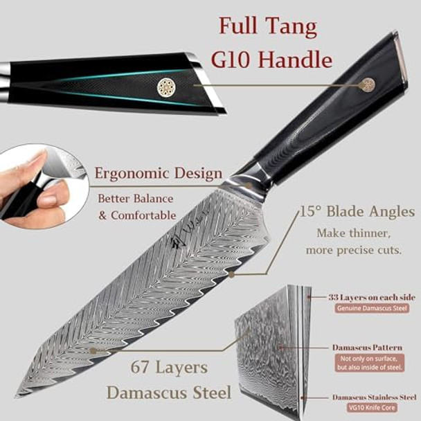 Wakoli Kiritsuke Chef Knife 8-inch Blade Damascus Knife made from 67 Layers of Damascus Steel with VG10 Core Ergonomic Kitchen Knives with G10 Handle for All Tasks in Box (Feza)