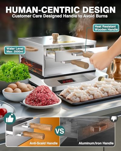 Rice Noodle Roll Steamer Machine - 2 Layers 3 Trays Cantonese Cheung Fun Maker Home Use with Extra Stainless Steel Steam Tray and Anti-scalding Handle for Commercial Chinese Restaurant
