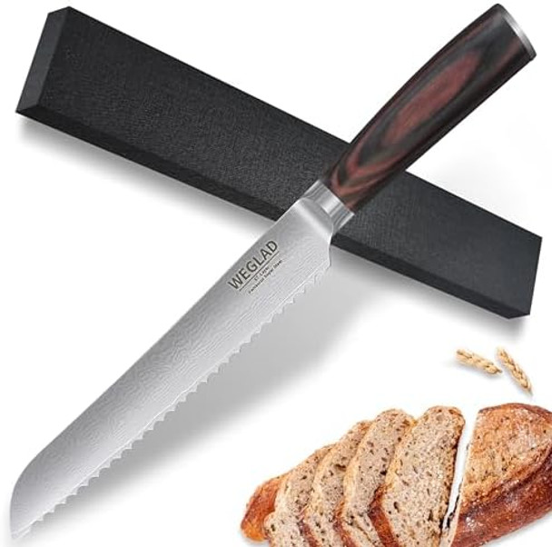 Bread Knife for Homemade Bread - 8-Inch Ergonomic Damascus Steel Blade with Solid Wood Handle Perfect for Sourdough Enthusiasts and Top Chefs Effortlessly slice sourdough cake and bagels Bread Knife for Homemade Bread - 8-Inch Ergonomic Damascus Steel Blade with Solid Wood Handle Perfect for Sourdough Enthusiasts and Top Chefs Effortlessly slice sourdough cake and bagels