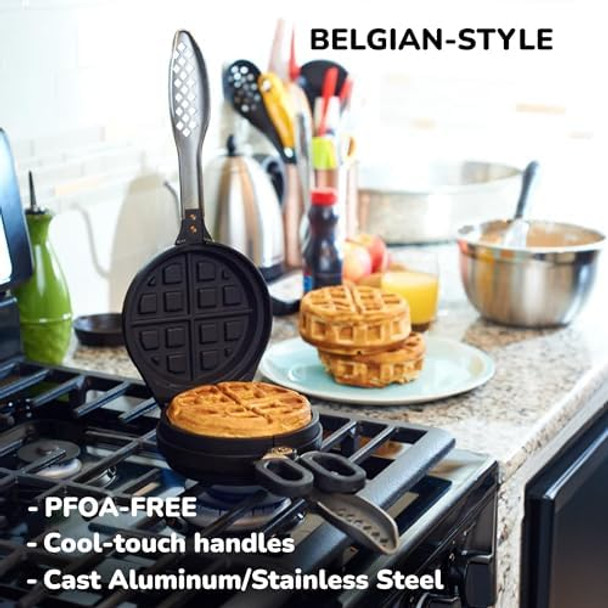 Cast Aluminum Stuffed Waffle Iron 5" Dia 2" Thick Round Waffle Maker -Non-Stick Belgian Waffle Maker w/Heat-Resistant Handles –Classic Waffle Maker Compatible w/Gas Electric & More