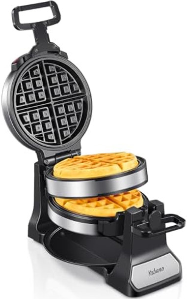 Belgian Waffle Maker Classic Rotating Waffle Iron with Nonstick Plates Removable Drip Tray and Cool Touch Handles Double Flip Waffle Rotating Belgium Waflera Maker by Yabano Brushed Stainless