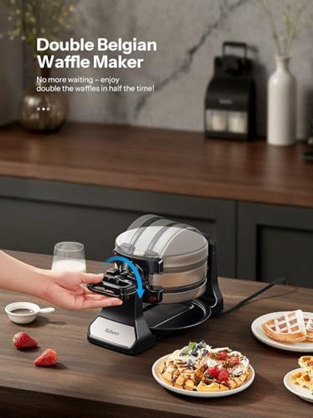 Belgian Waffle Maker Classic Rotating Waffle Iron with Nonstick Plates Removable Drip Tray and Cool Touch Handles Double Flip Waffle Rotating Belgium Waflera Maker by Yabano Brushed Stainless