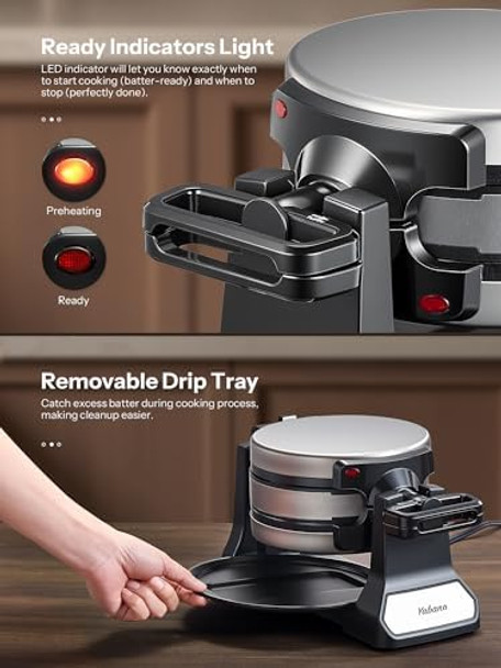 Belgian Waffle Maker Classic Rotating Waffle Iron with Nonstick Plates Removable Drip Tray and Cool Touch Handles Double Flip Waffle Rotating Belgium Waflera Maker by Yabano Brushed Stainless