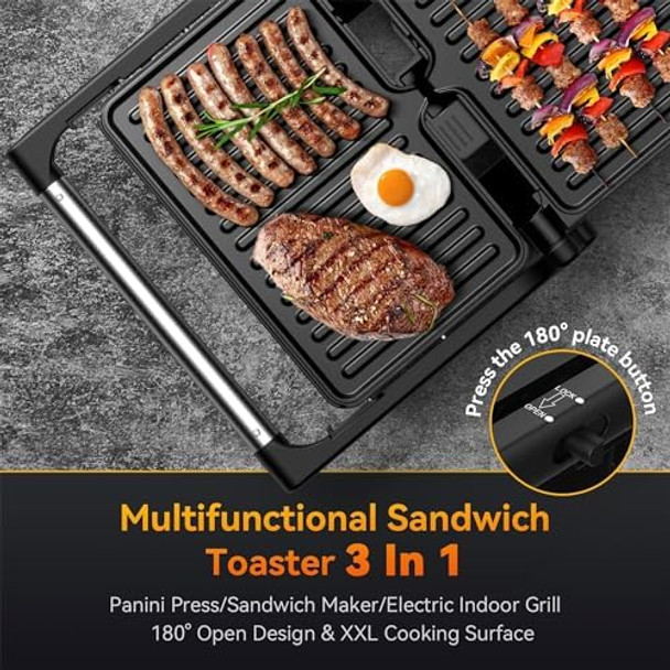 YASHE Panini Grill Press 1200 W Sandwich Maker Panini Maker with Non-Stick Coated Cast Aluminum Plates Fits 2 Slices of Bread 180-Degree Opening Easy to Clean Versatile Use