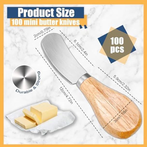 100 Pcs Cheese Spreader Knives with Wooden Handle Stainless Steel Butter Spreader Charcuterie Boards Accessories for Hotels Family Weddings