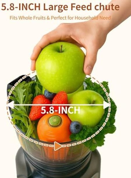 Cold Press Juicer – Slow Juicer with 5.8’’ Large Feed Chute Dual Augers High Juice Yield Reverse Function Easy Clean Low Noise Slow Masticating Juicer for Whole Vegetables & Fruits