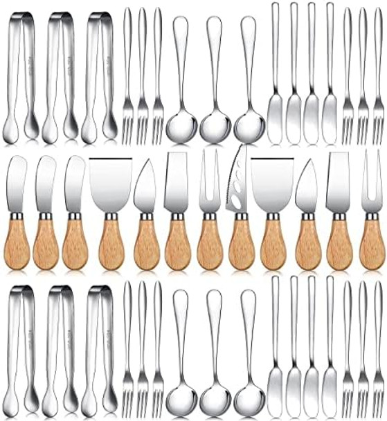 48 Pieces Cheese Knife Set Include 8 Pieces Stainless Steel Cheese Spatula Set with Wooden Handles 40 Pieces Stainless Steel Cheese Spatula Set for Birthday Wedding Christmas