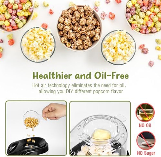 Hot Air Popcorn Popper Maker Pop Corn Machine Updated 1200w Electric Airpopper 16 Cups Capacity High Popping Rate No Oil with Cup to Portion Kernels Butter for Home Movie Night Kids Adults