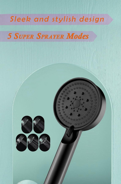 Acetap 5-Mode Round Hand Shower - Black Elegance with ABS Material - Effortless Setup Lightweight Wide Coverage Spray. (Head Only)