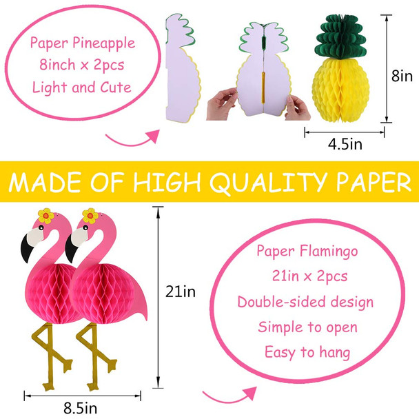 YUNXUAN Flamingo Party Supplies Hawaiian Party Decorations Flamingo and Pineapple Honeycomb Ball Paper Lanterns Paper Fans Pom poms Flowers for Birthday Luau Tropical Bachelorette Party