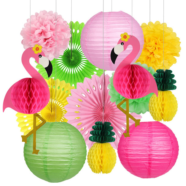 YUNXUAN Flamingo Party Supplies Hawaiian Party Decorations Flamingo and Pineapple Honeycomb Ball Paper Lanterns Paper Fans Pom poms Flowers for Birthday Luau Tropical Bachelorette Party
