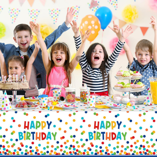 3 Pack Happy Birthday Plastic Tablecloth Decorations,Disposable Colorful Polka Dots Table Cloths,Rectangle Waterproof Table Cover for Girls Boys Birthday Baby Shower Party Decorations,54x108 Inch