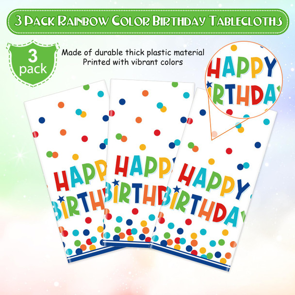 3 Pack Happy Birthday Plastic Tablecloth Decorations,Disposable Colorful Polka Dots Table Cloths,Rectangle Waterproof Table Cover for Girls Boys Birthday Baby Shower Party Decorations,54x108 Inch