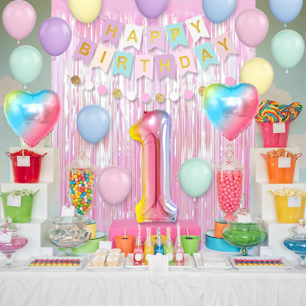 1st Birthday Decorations Rainbow,Gradient Number 1 Balloon,Pastel Happy Birthday Banner Fringe Curtain Heart Foil Balloons Boys Girls First Birthday Decor