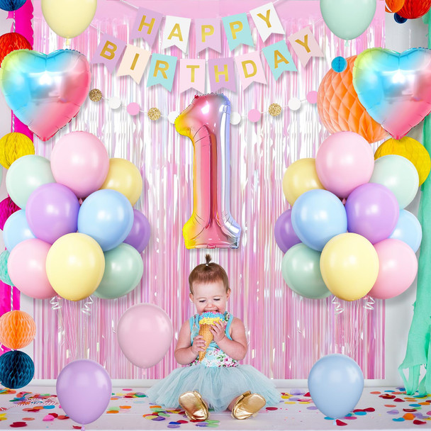 1st Birthday Decorations Rainbow,Gradient Number 1 Balloon,Pastel Happy Birthday Banner Fringe Curtain Heart Foil Balloons Boys Girls First Birthday Decor