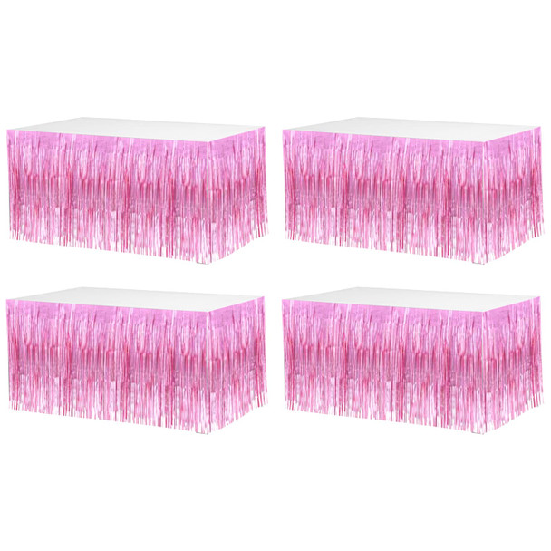 4 Pack 29x108 Inch Metallic Foil Fringe Tinsel Table Skirts for Rectangle Tables Streamer Curtains Backdrop for Wedding, Birthday, Parade Floats, Christmas, Halloween Party PINK