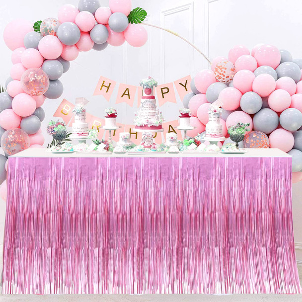 4 Pack 29x108 Inch Metallic Foil Fringe Tinsel Table Skirts for Rectangle Tables Streamer Curtains Backdrop for Wedding, Birthday, Parade Floats, Christmas, Halloween Party PINK