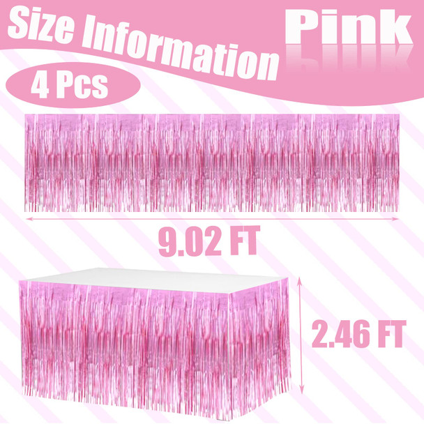 4 Pack 29x108 Inch Metallic Foil Fringe Tinsel Table Skirts for Rectangle Tables Streamer Curtains Backdrop for Wedding, Birthday, Parade Floats, Christmas, Halloween Party PINK