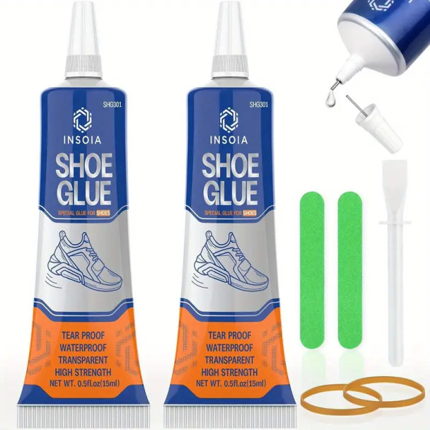 Shoe Glue Sole Repair Kit, 0.51oz x2 Heavy Duty Shoe Adhesive, Waterproof, Flexible, Clear- Drying for Sneakers, Boots, Leather, Rubber,