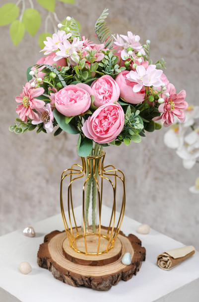 SATYAM KRAFT 1 Pcs Artificial Peony Rose Flower Bouquet Bunch for Home Decor, Office, Bedroom, Balcony, Table Display, Wedding Decoration (Without Vase Pot) (Pink) Fabric