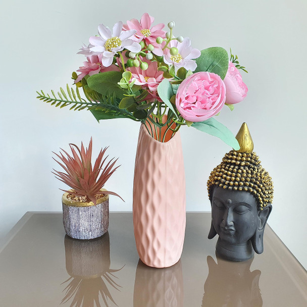 SATYAM KRAFT 1 Pcs Artificial Peony Rose Flower Bouquet Bunch for Home Decor, Office, Bedroom, Balcony, Table Display, Wedding Decoration (Without Vase Pot) (Pink) Fabric