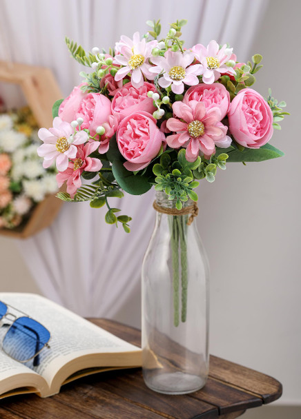 SATYAM KRAFT 1 Pcs Artificial Peony Rose Flower Bouquet Bunch for Home Decor, Office, Bedroom, Balcony, Table Display, Wedding Decoration (Without Vase Pot) (Pink) Fabric