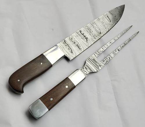 Amj Damascus Steel Carving Knife Set Kitchen Outdoor Bar.B.Q Sharp Edc Best Usa. Meat Knife Knife And Fork Set