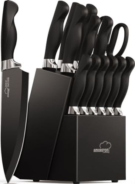 Knife Set Amorston 15 Pieces Knife Sets For Kitchen With Block Dishwasher Safe Kitchen Knife Set With Built In Sharpener Block German Stainless Steel Knife Block Set Black