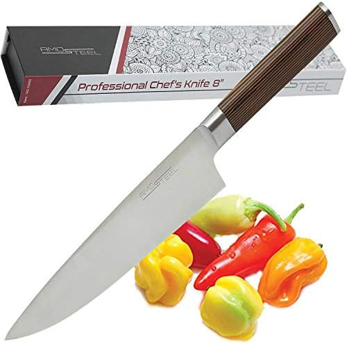 Premium Chef Knife Japanese Style 8 Inch - Multipurpose Balanced Ultra Sharp Professional Carbon Stainless Steel German Blade Ergonomic Wood Handle Wasabi Knife Set + Magnetic Holder By Amosteel