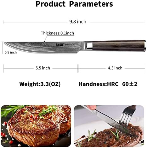 Steak Knives - Set Of 6 - Damascus - 5.5" - Japanese Vg10 Core Steel Forged Straight Edge - Pakka Handle - Box