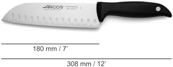 Arcos Santoku Knife - 7 Inch Nitrum Stainless Steel Blade And 180 Mm Blase With Black Polypropylene Handle - Innovative Design For Daily Use - Menorca Series - Color Black