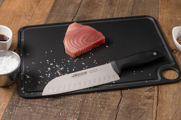 Arcos Santoku Knife - 7 Inch Nitrum Stainless Steel Blade And 180 Mm Blase With Black Polypropylene Handle - Innovative Design For Daily Use - Menorca Series - Color Black
