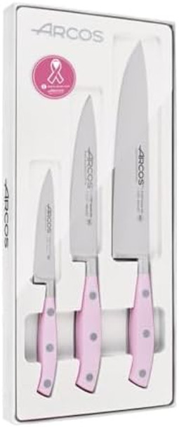 Arcos Forged Professional Kitchen Knives Set. 3 Cooking Knives For Cutting And Peeling Food. Ergonomic Polyoxymethylene Handle. Series Riviera. Color Rose